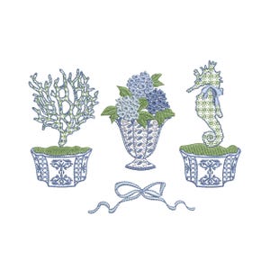 Marine Chinoiserie Seahorse Hydrangea Vase Machine Embroidery Bundle, Design Instant Download Zip - 6 sizes