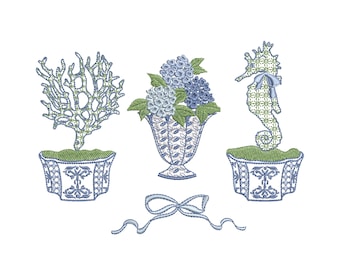Marine Chinoiserie Seahorse Hydrangea Vase Machine Embroidery Bundle, Design Instant Download Zip - 6 sizes