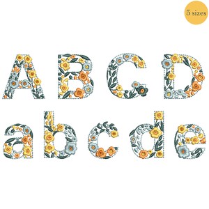 Alfabeto de monograma de flor para bordado à máquina, fonte de letra floral ABC, aniversário de casamento, arquivo Zip em MAIÚSCULAS e MINÚSCULAS - 5 tamanhos