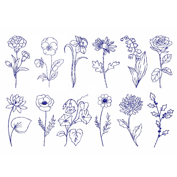 12 Birth Month Flowers Machine Embroidery Design Set, Flower Floral Pattern Instant Download Zip File - 5 sizes