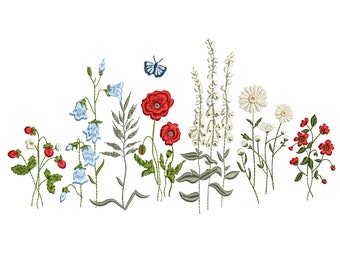 Wild Garden Flowers Machine Embroidery Design, Poppy Meadow Pattern Instant Download Zip - 5 sizes