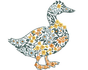 Flower Duck Machine Embroidery Design, Blue and White Floral Chinoiserie Pattern Instant Download Zip - 6 sizes