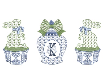 Chinoiserie Easter Bunny Monogram Vase for Machine Embroidery, Blue and White Rabbit Design Instant Download Zip - 5 sizes