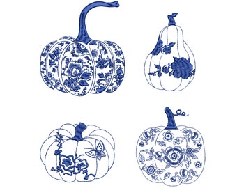 Thanksgiving Chinoiserie Pumpkin Set for Machine Embroidery Blue and White Chic Pumpkins Autumn Pattern Instant Download Zip - 6 sizes