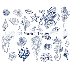 24 Marine Maschinenstickmotive Bundle, Muschel Muschel Pferd Qualle Krabbe Oktopus Muster, Sofortiger Download ZIP - 3 Größen