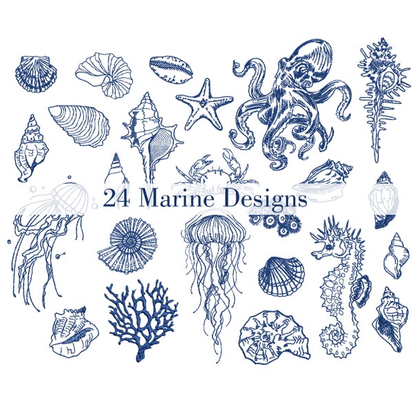 24 Marine Machine Embroidery Designs Bundle, Sea Conch Shell Horse Jelly Fish Crab Octopus Pattern Instant Download ZIP- any size