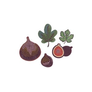 May include: An embroidery design featuring a whole purple fig, a smaller purple fig, a halved fig showing red interior seeds, and two green fig leaves. The stitching uses varied shades of purple, brown, and green thread to create texture.