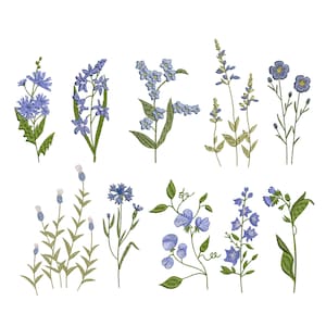 Blaue Wildblume Stickdatei Set #2 + Bordüre, Floral Botanische Garten Muster Instant Download Zip - 5 Größen