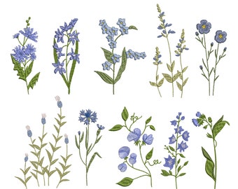 Blue Wild Flower Machine Embroidery Design Set #2 + Border, Floral Botanical Garden Pattern Instant Download Zip - 5 sizes