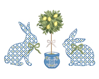 Adorable Easter Bunny Set for Machine Embroidery, Blue and White Chinoiserie Rabbit Design Instant Download Zip - 5 sizes