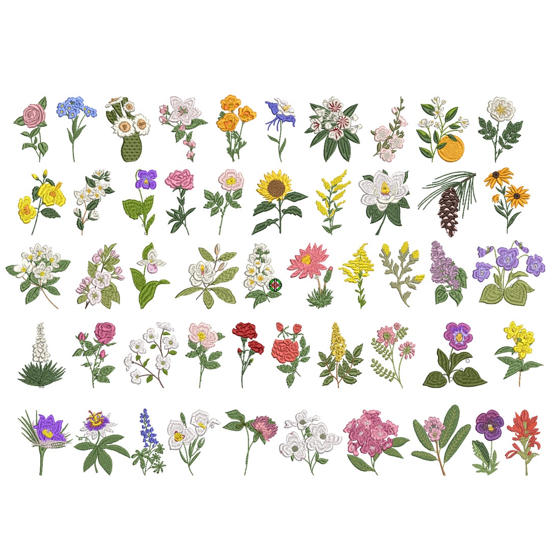 50 U.S. State Flowers Machine Embroidery Design, Flower Pattern Instant