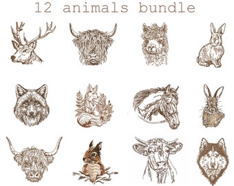 12 Animal Bundle Machine Embroidery Design, Scottish Highland Cow Farm Animal Instant Download ZIP- ANY SIZE