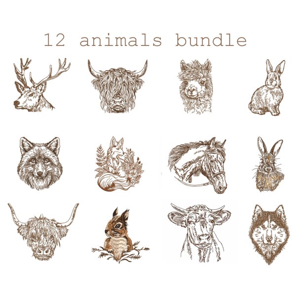 12 Animal Bundle Stickdatei, Schottische Highland Kuh Farm Tier Instant Download ZIP - JEDE GRÖßE