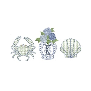 Diseño de bordado a máquina de jarrón con monograma de hortensia Grand Millennial estilo chinoiserie, descarga instantánea en formato Zip - 6 tamaños