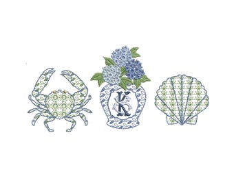 Grand Millennial Hydrangea Chinoiserie Monogram Vase Machine Embroidery Design Instant Download Zip - 6 sizes