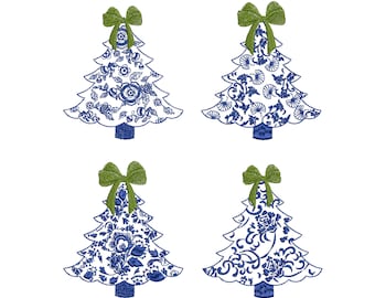 Chinoiserie Christmas Tree Machine Embroidery Design, Winter Holiday Border Bow Instant Download ZIP- 7 Sizes