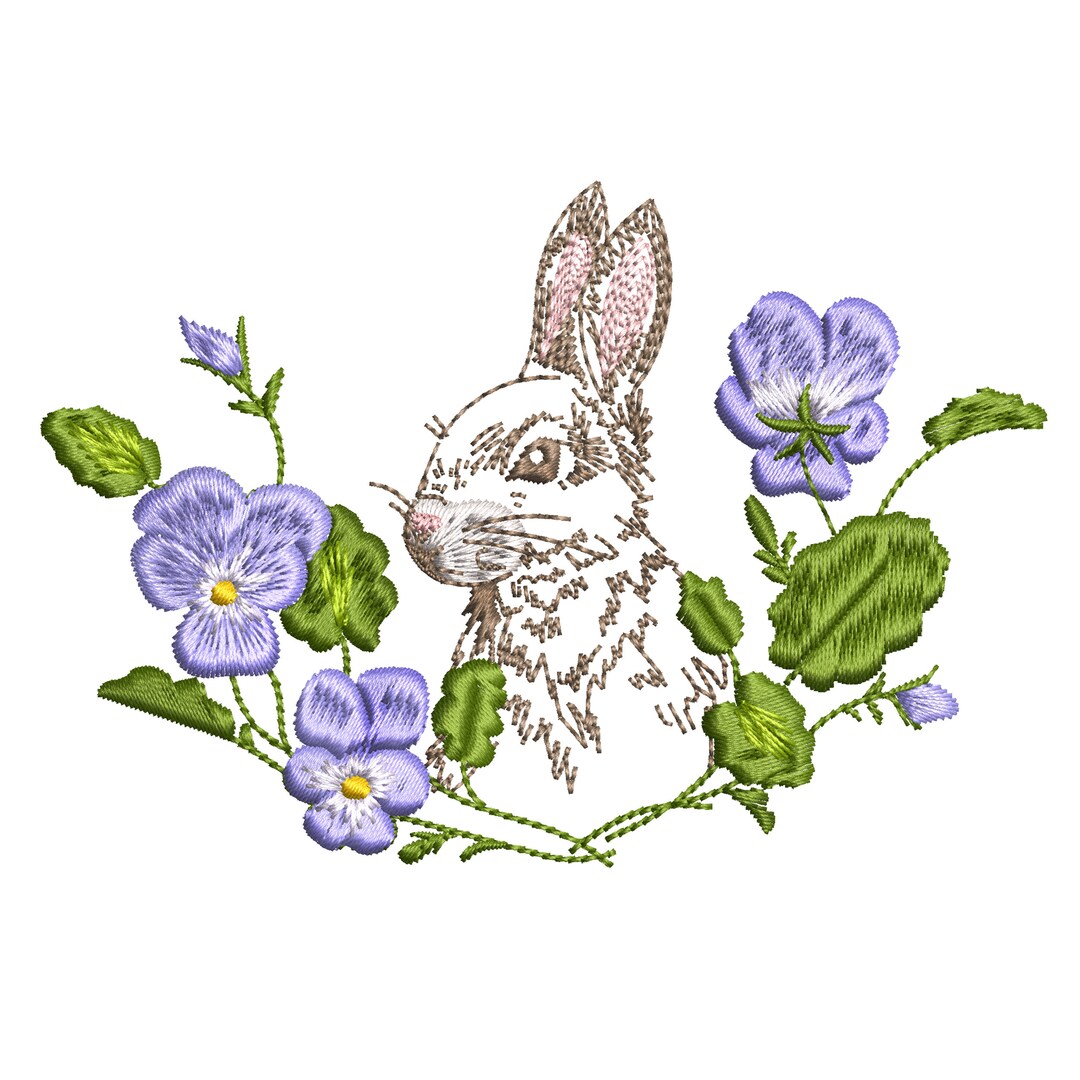 Easter Bunny in Violet Flowers Machine Embroidery Design, Spring Rabbitm Pattern Instant