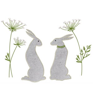 Kaninchen-Applikation für Maschinenstickerei, Blumen, Botanischer Garten, Hase, Osterhase, Muster, sofortiger Download, Reißverschluss, 4 Größen
