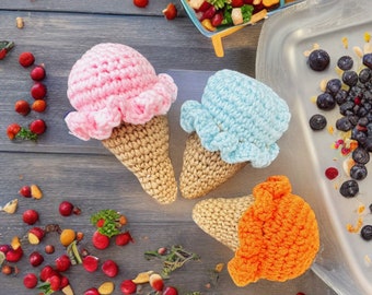 Crochet ice cream cone, stuffed amigurumi soft toy, pretend play food educational sensory toy