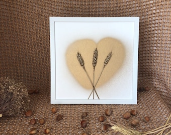 Cadre de blé séché Or sur Cœur Doré Herbier encadré Fait à la main Cadre végétal Blé minimaliste Cadeau Noces de Froment Amour