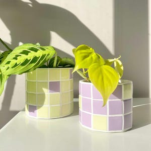 Peut inclure: Deux pots de fleurs en céramique avec un motif de carrelage. Les pots sont jaunes et violets et présentent un motif de carrelage carré. Les pots sont sur une surface blanche.