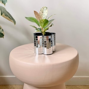 May include: A small plant with variegated leaves in a silver mirrored heart-shaped planter. The planter is made of small square tiles. The planter is sitting on a light pink pedestal.