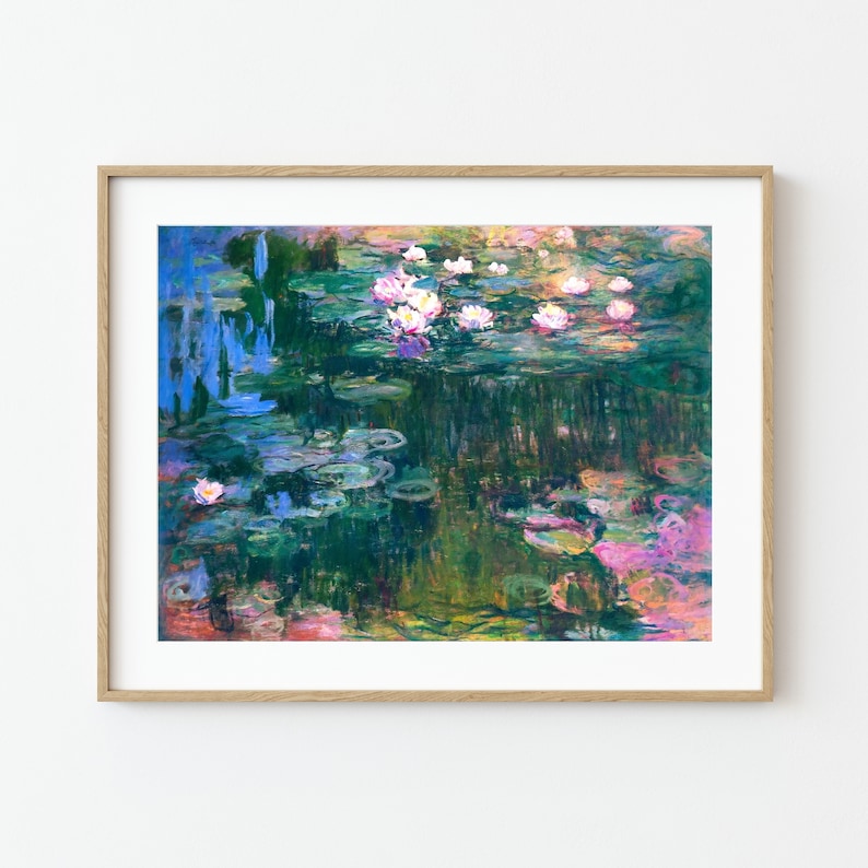 May include: A painting of a pond with water lilies. The water lilies are pink and white and are floating on the surface of the water. The water is a light blue color and there are green lily pads in the water.