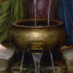 May include: A detailed painting of a bronze fountain with water flowing from three spouts. The fountain has a large, round basin and is decorated with a grotesque face. The background features draped fabric in shades of green, purple, and blue.