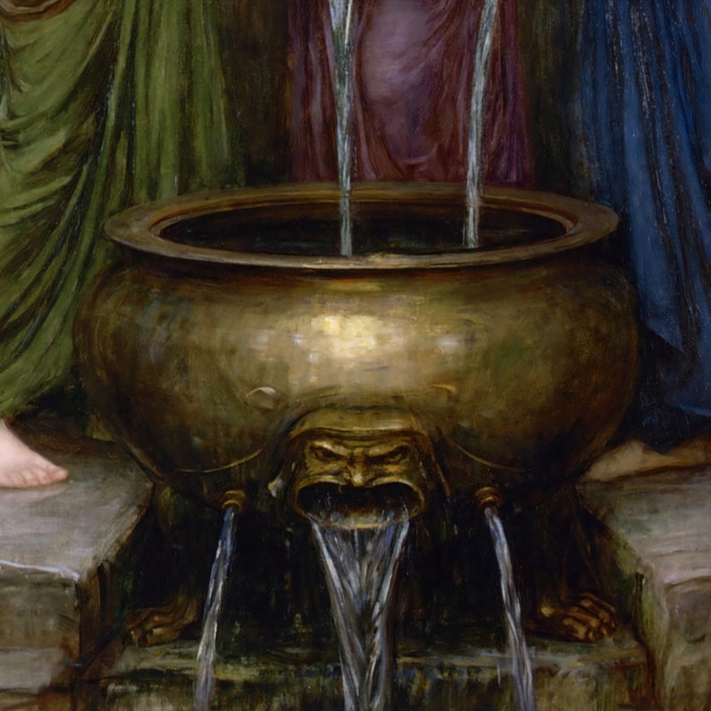 May include: A detailed painting of a bronze fountain with water flowing from three spouts. The fountain has a large, round basin and is decorated with a grotesque face. The background features draped fabric in shades of green, purple, and blue.