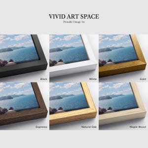 May include: A collection of framed art prints featuring a scenic ocean view under a blue sky with clouds. The frames are available in black, white, gold, espresso, natural oak, and maple wood. The text "VIVID ART SPACE Printable Vintage Art" is at the top.