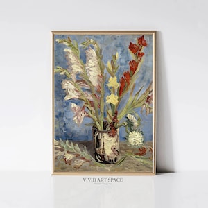 Jarrón con gladiolos y ásteres de porcelana de Vincent van Gogh / Pintura floral impresionista / Impresión floral / Arte mural imprimible Descarga digital
