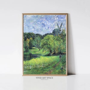 May include: A vintage painting of a windmill in a green field with a blue sky and white clouds. The painting is framed in gold.