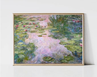 May include: A painting of a pond with water lilies and lily pads. The water is a light blue and pink color, and the lily pads are green. There are some red flowers on the lily pads.