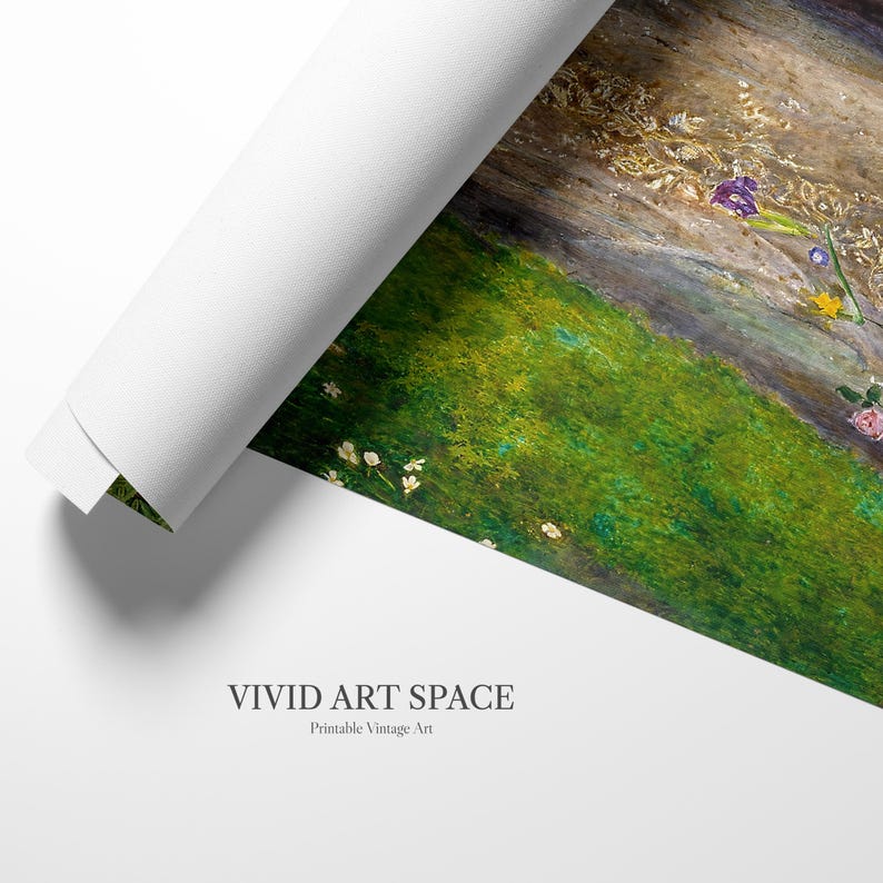 May include: A rolled canvas print of a vintage floral landscape painting. The artwork shows a vibrant green meadow with wildflowers and a path. The text "VIVID ART SPACE Printable Vintage Art" is printed at the bottom.
