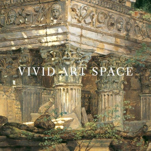 May include: A painting of an ancient Roman ruin with columns and arches, overgrown with greenery. The painting is in a muted palette of browns, greens, and yellows. The text "VIVID ART SPACE" is visible in the lower center of the painting.