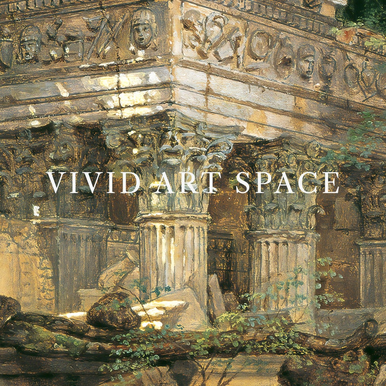May include: A painting of an ancient Roman ruin with columns and arches, overgrown with greenery. The painting is in a muted palette of browns, greens, and yellows. The text "VIVID ART SPACE" is visible in the lower center of the painting.