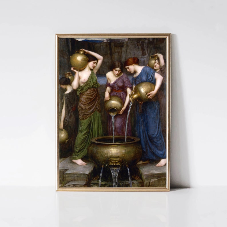 May include: A framed print of a classical painting depicting several women in draped garments, some holding golden jugs and pouring water into a large bronze basin. The women are in various poses, with a naturalistic background.