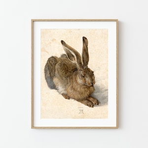 May include: A framed print of a detailed brown hare, rendered in a classic style. The artwork features the date 1502 and a monogram. The hare is depicted in a relaxed pose, with long ears and detailed fur, set against a neutral background.
