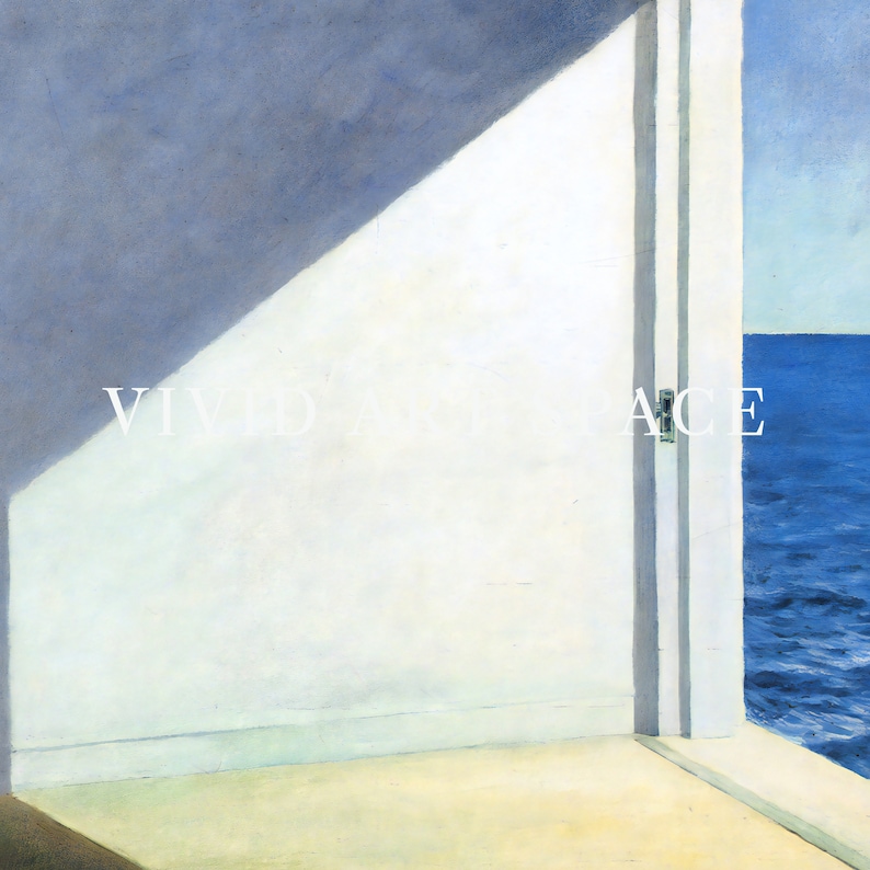 May include: A painting depicting a room with a window overlooking the sea. The room is painted white with a blue shadow cast on the wall. The window is open and the sea is a deep blue.
