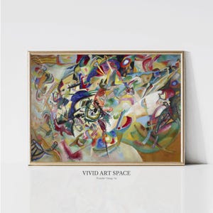 May include: Abstract art print in a gold frame. The artwork features a vibrant mix of colors, including blue, red, yellow, and green, in a dynamic composition. The text "VIVID ART SPACE Printable Vintage Art" is at the bottom.