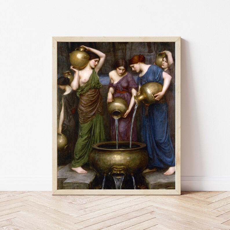 May include: A framed print of a classical painting depicting women in draped garments pouring water from golden urns into a large bronze basin. The women are in various shades of green, purple, and blue, with a neutral background.