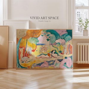 May include: A framed print of a colorful abstract painting with figures, trees, and a landscape. The artwork features a vibrant palette of blues, greens, yellows, and pinks. The text "VIVID ART SPACE Printable Vintage Art" is at the top.