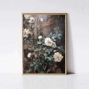 Dark Rustic Flower Painting | Moody White Floral Print | Farmhouse Wall Decor | Vintage Art Print | Printable Wall Art | Digital Download