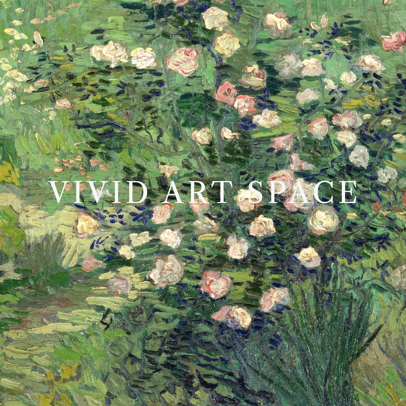 Puede incluir: Pintura impresionista de un rosal en plena floraci&oacute;n, con suaves rosas rosas y blancas sobre un fondo de exuberante follaje verde. La obra de arte tiene pinceladas visibles y se muestra el texto "VIVID ART SPACE".