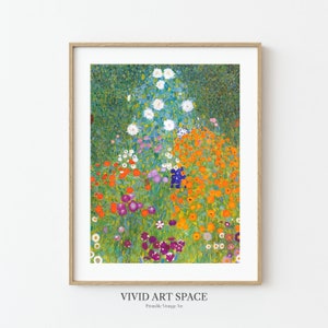 May include: A framed print of a colorful garden scene. The artwork features a variety of flowers in shades of orange, red, purple, and white, set against a green background. The text "VIVID ART SPACE Printable Vintage Art" is at the bottom.