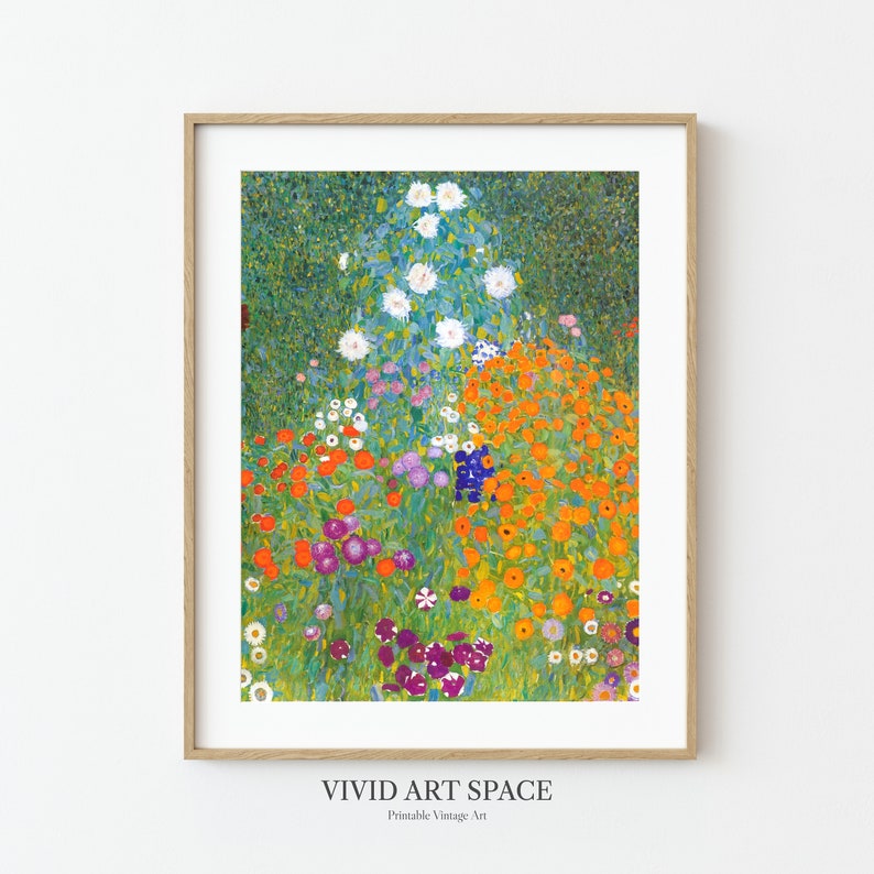 May include: A framed print of a colorful garden scene. The artwork features a variety of flowers in shades of orange, red, purple, and white, set against a green background. The text "VIVID ART SPACE Printable Vintage Art" is at the bottom.