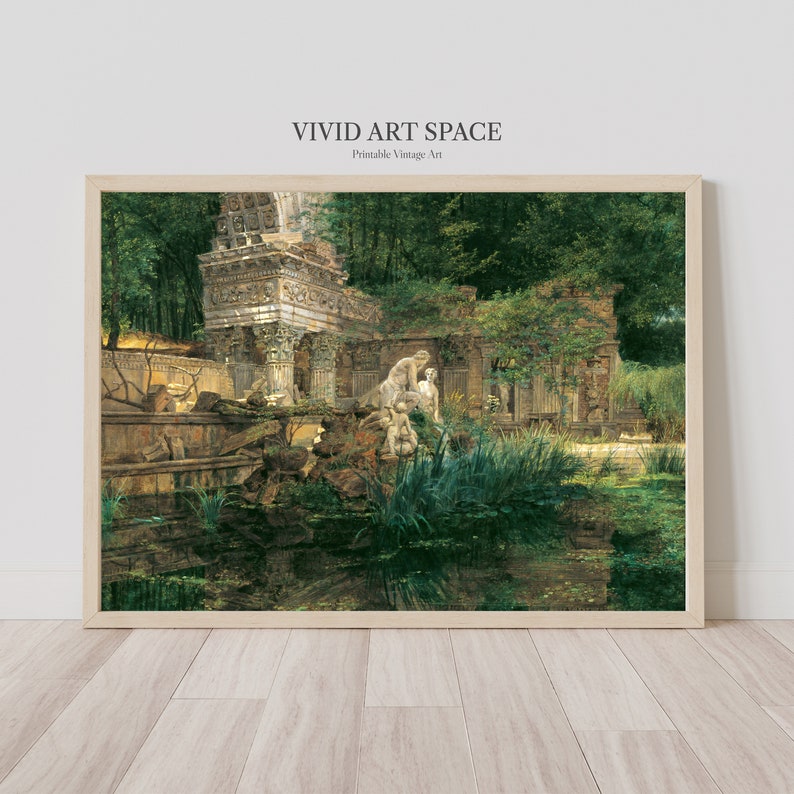 May include: A vintage painting of a stone fountain and ruins in a lush green forest. The fountain is surrounded by tall trees and lush greenery. The ruins are overgrown with vines and moss. The painting is framed in a light wood frame.