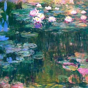 May include: A painting of a pond with water lilies. The water lilies are pink and white and are floating on the surface of the water. The water is a light blue color and the background is a dark green.