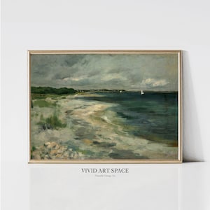 Paisaje de costa melancólica / Pintura rústica de verano junto al mar / Impresión de nubes de tormenta vintage / Arte de pared de casa de playa imprimible / Descarga digital