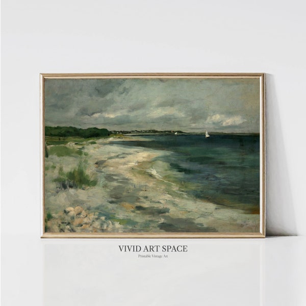 Moody Coast Landscape | Rustic Summer Seaside Painting | Vintage Storm Clouds Print | Printable Beach House Wall Art | Digital Download